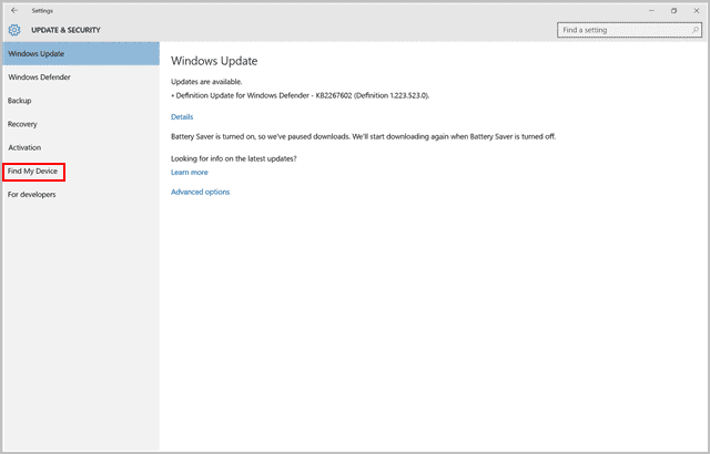 Find My Device in Update & Security settings
