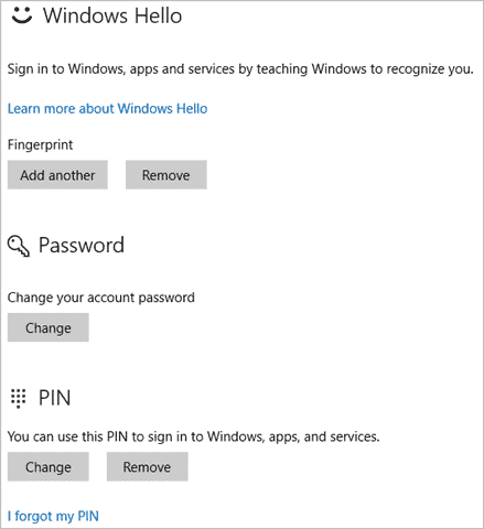 Windows Hello in PC settings