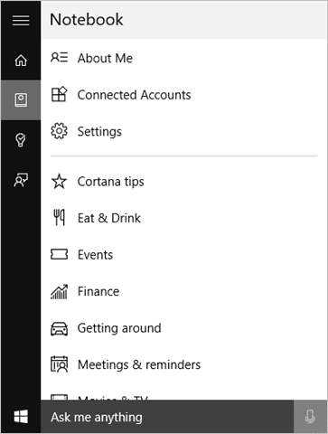 cortana-notebook-options