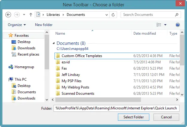 Choose the right Quick Launch folder choose-quick-launch-folder-windows-8