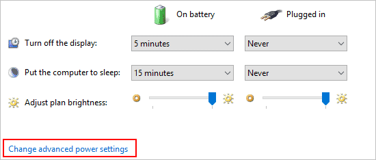 Changed advanced power options in Windows 10