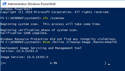 Running DISM with PowerShell in Windows 10 - fix corrupted files