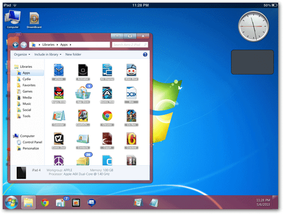 The app list within the theme ipad-windows-theme-7-aero-2