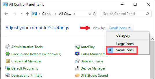 select small icons in the computer settings