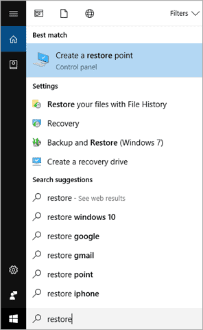 system restore option in windows 10