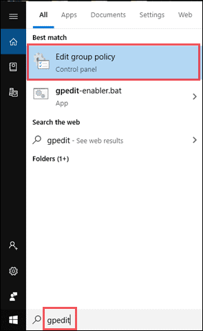 Search menu group policy editor