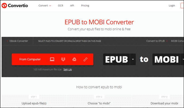 convertio to convert epub to mobi