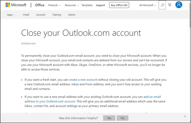 termination page to delete Microsoft account