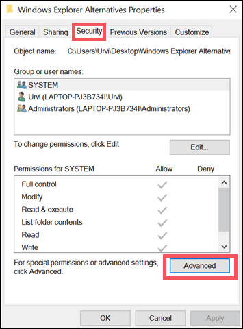 click advanced under security settings tab