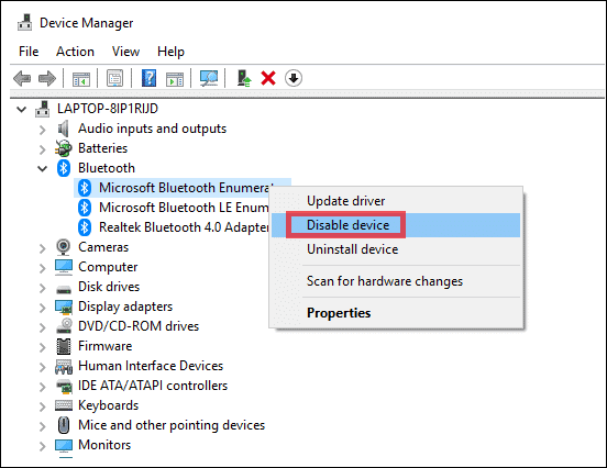 disable bluetooth driver 