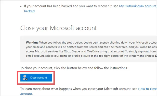 click on close microsoft account 