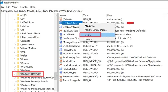 Delete DisableAntiSpyware when windows defender blocked by group policy