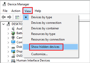 Select Show hidden devices under View when headset mic not working windows 10