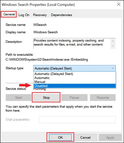 Select startup type as disabled for Windows search properties
