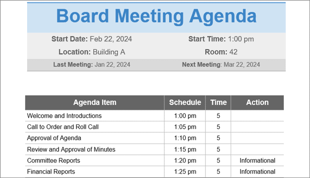 board meeting agenda