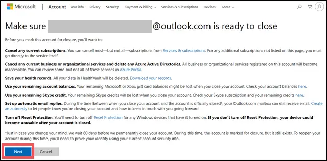 read the conditions before you delete microsoft account