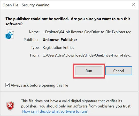 Run the registry file to restore OneDrive