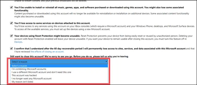 select a reason to delete microsoft account