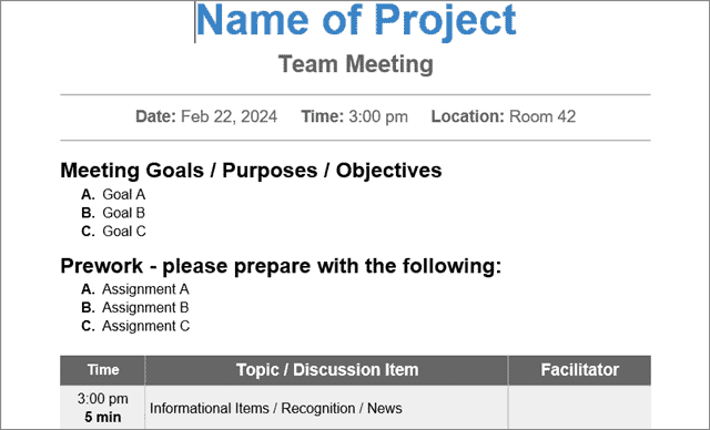 formal team meeting agenda template