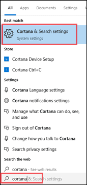 Open Cortana and Search settings