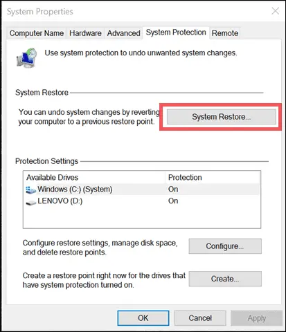 system restore windows 10