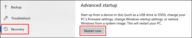 Go to Recovery and click on Restart now