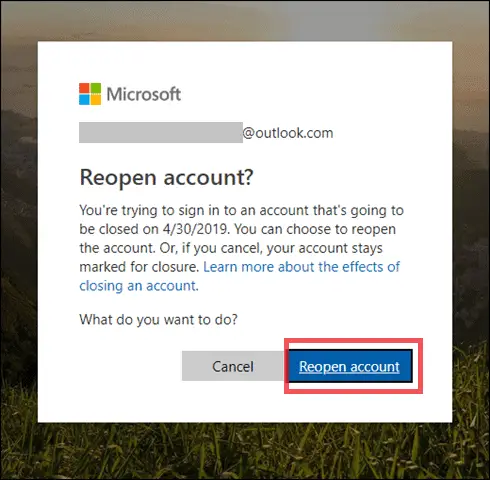 reopen micorosft account