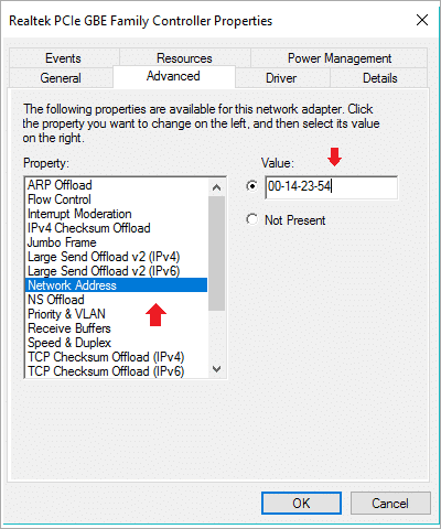 Change value of Network address to change mac address windows 10