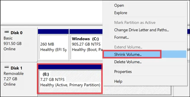 shrink the value to partition a usb drive