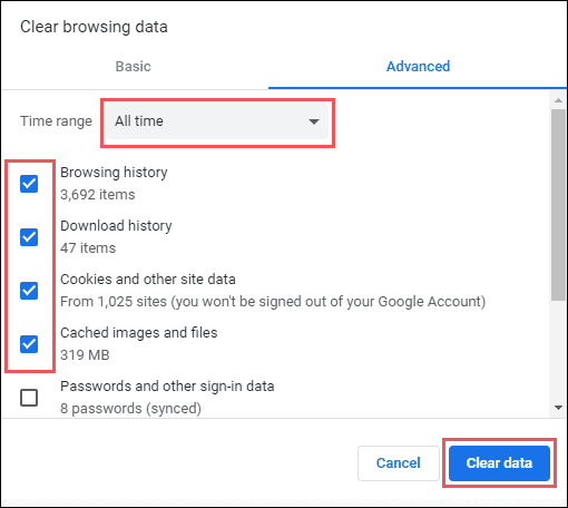Clear browsing and download history along with cookies and cache