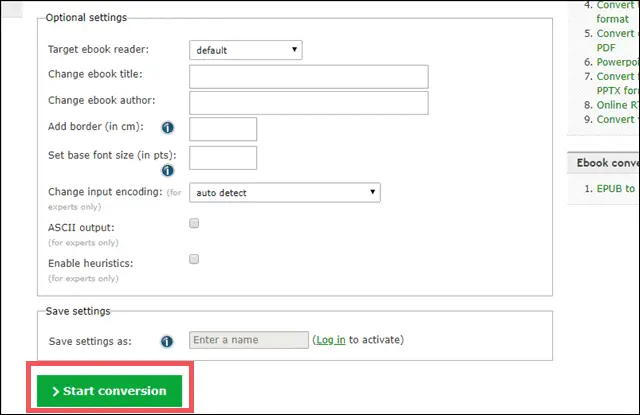 optional settings ebook online coverter