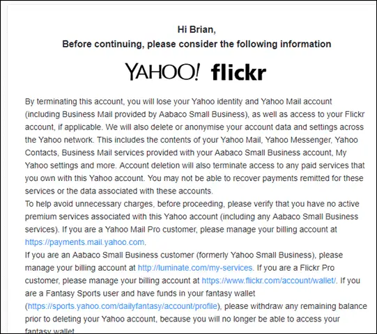 read terms and condition to delete yahoo account