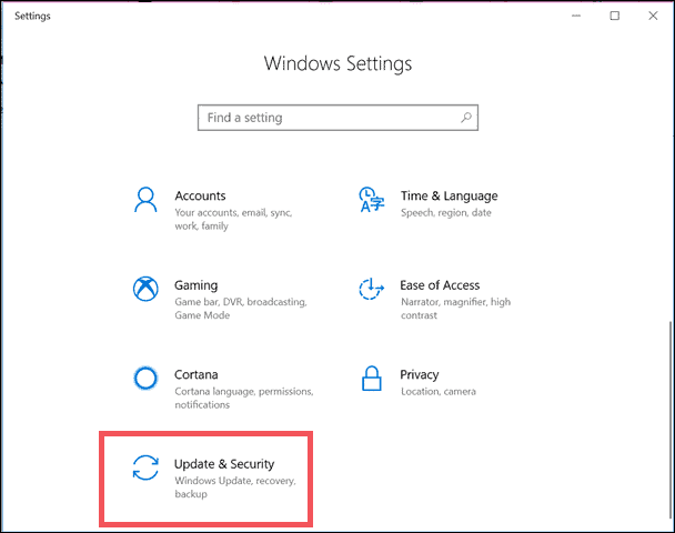 setting update and security windows 10