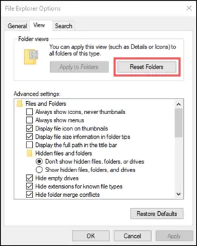 Reset folders when Windows 10 File explorer slow