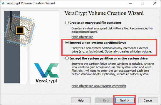 volume creation wizard to encrypt a thumb drive