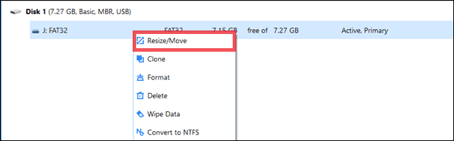 Resize to partition a usb drive