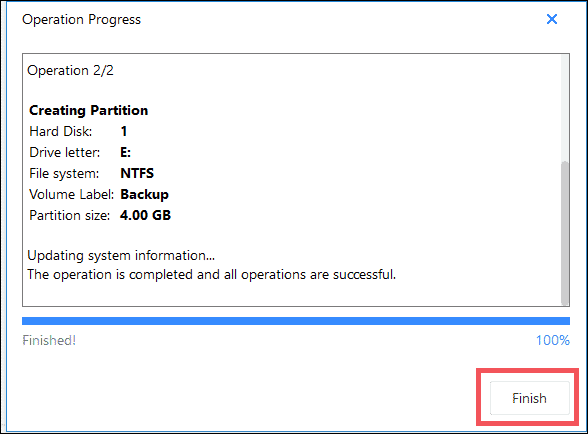 click on finish to create partition