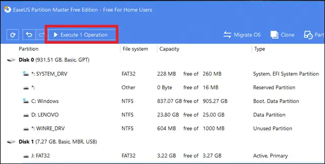 execute operation to partition usb drive