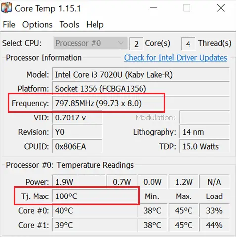 Checking temperature in Core Temp
