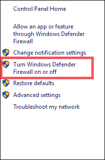 Turn off the Windows Defender Firewall