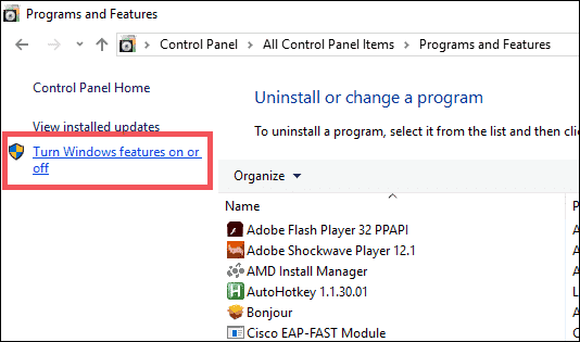 ftp site turn windows features on or off