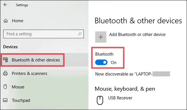 Check On to Turn on bluetooth windows 10