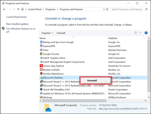  uninstall microsoft to remove onedrive from file explorer