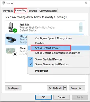 Select Set as Default Device