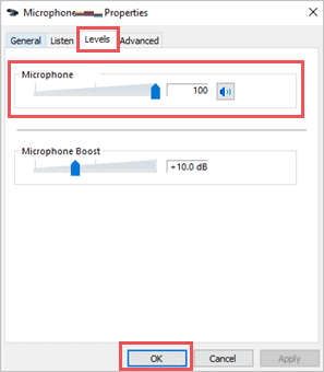 Set the Microphone sound to 100 when headset mic not working