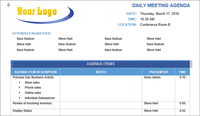 daily meeting agenda