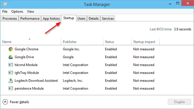 task manager start up text