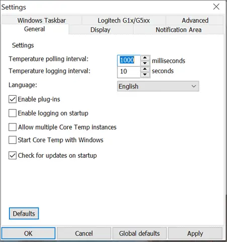 core temp general settings