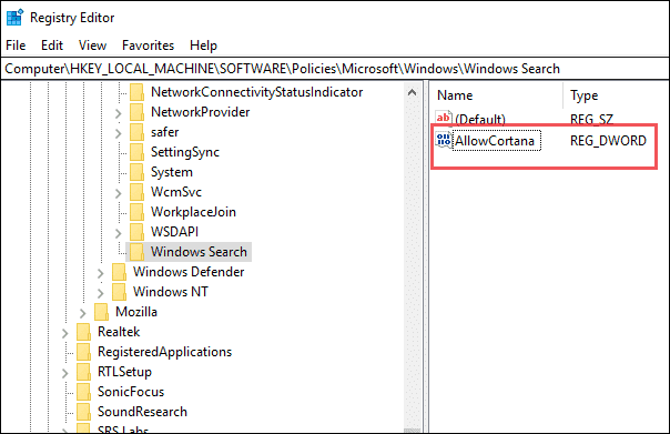 name the new key as allowcortana