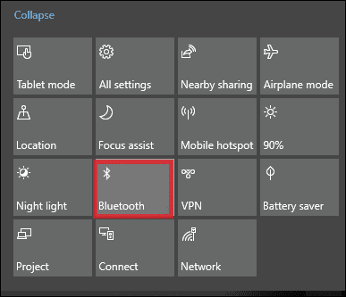 turn on bluetooth on windows 10 from action center